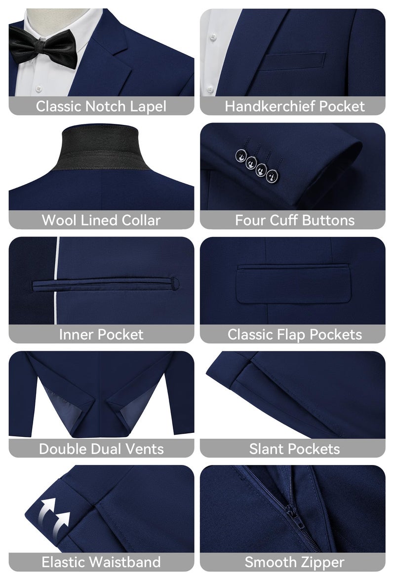 WEEN CHARM Men's Suit Regular Fit 2 Piece Wedding Tuxedo One Button Groom Prom Party Solid Blazer Pants Suit Set Navy Blue - Image 3